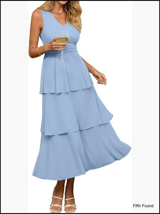 Dresses & Skirts - Women's Sleeveless V-Neck Chiffon Maxi Dress - Flowy Ruffle Boho Wedding Guest